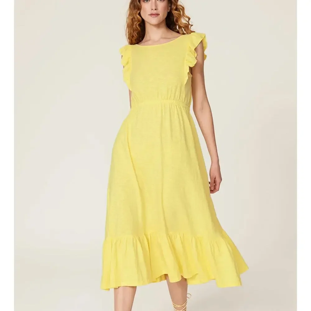 BA&SH Yellow Prairie Midi Dress SMALL Cottage Tiered Ruffle Cotton Designer $220 - Picture 2 of 10